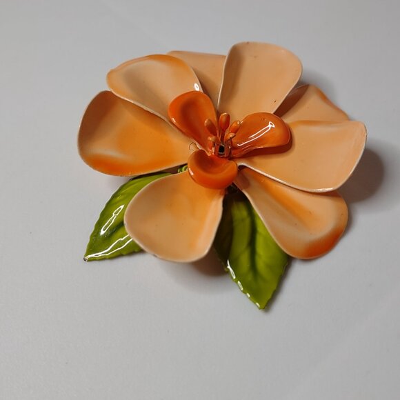 Orange Enamel Large Flower Brooch - Picture 4 of 11